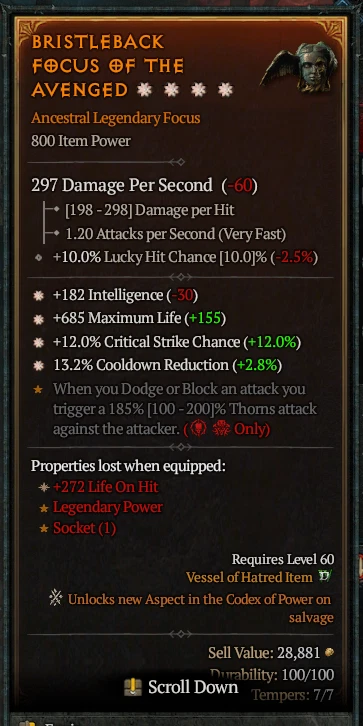 🌟🌟🌟🌟DIABLO 4💍SEASON 11🔥LEGEN FOCUS🔥4GA-INT+LIFE+CRIT %+COOLDOWN REDUCE