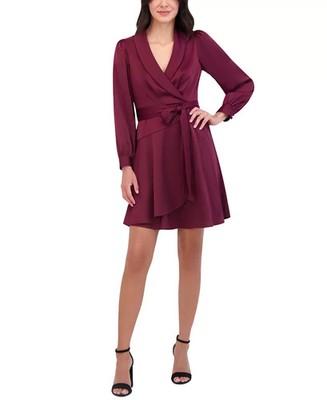 vince camuto women's satin shawl-collar fit & flare dress Vince Camuto Women's Satin Shawl-Collar Fit & Flare Dress - Wine