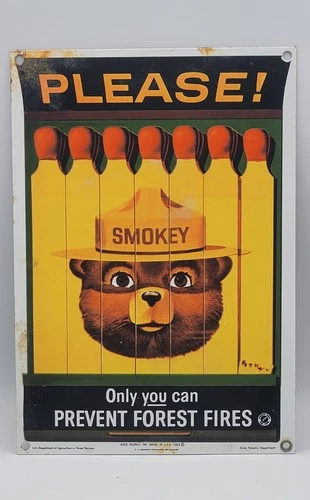 Vintage Distressed Smokey The Bear Porcelain Enameled Metal Sign