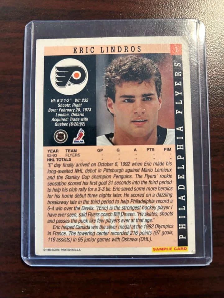 Eric Lindros FLYERS Score Trading Card SIGNED by Lindros 1994? - Image 2 of 2