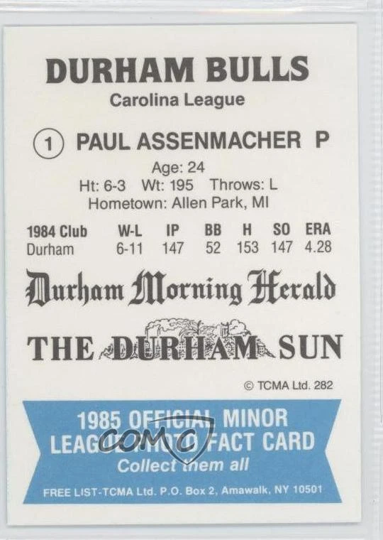 1985 TCMA Minor League Paul Assenmacher (Blue Back) #282 - Image 2 of 2