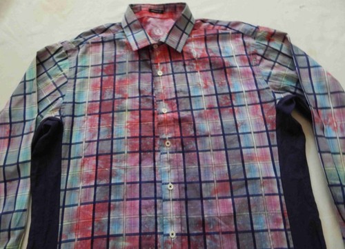 Tie Dye Purple Red Long Sleeve Plaid Button Down Shirt - Large Mens Hand Made - Picture 4 of 5
