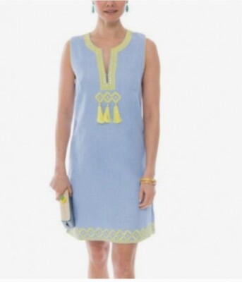 Bella Tu Medium Blue Linen Preppy Embroidered Tassels Shift Dress  Sleeveless | eBay