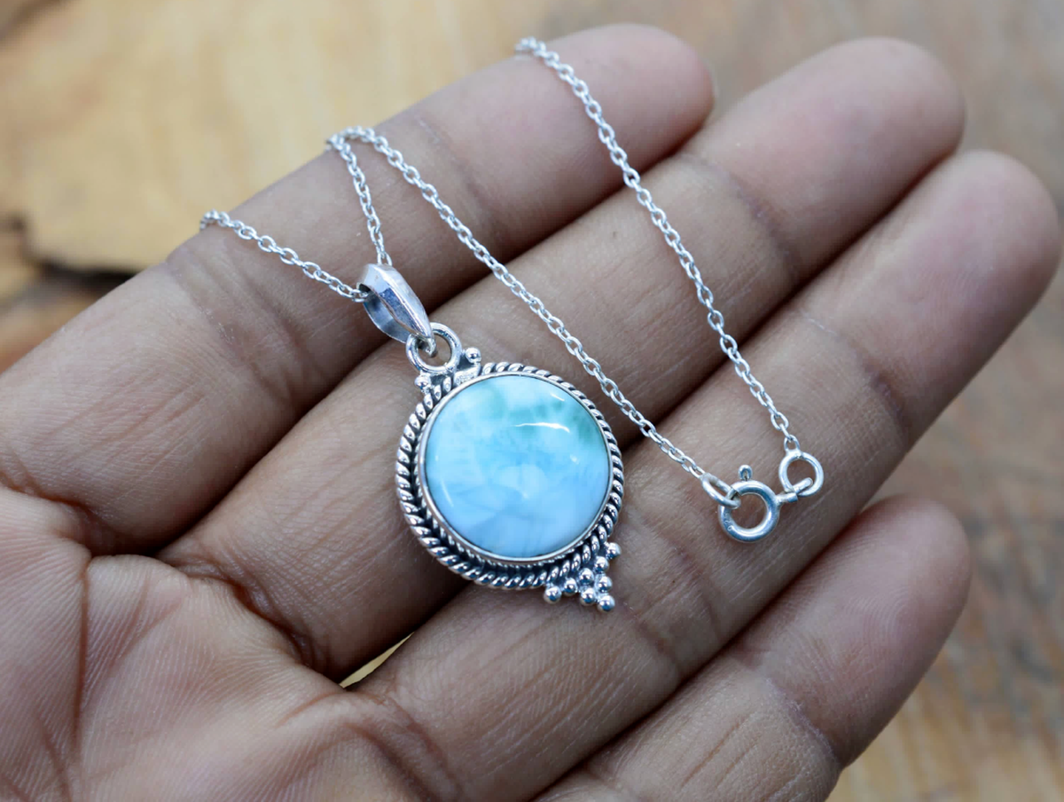 Pendentif Larimar Et Cuivre Fait Main Vintage 2,3 Pouces | Bijou Ancien Bleu | Neuf Sans Emballage