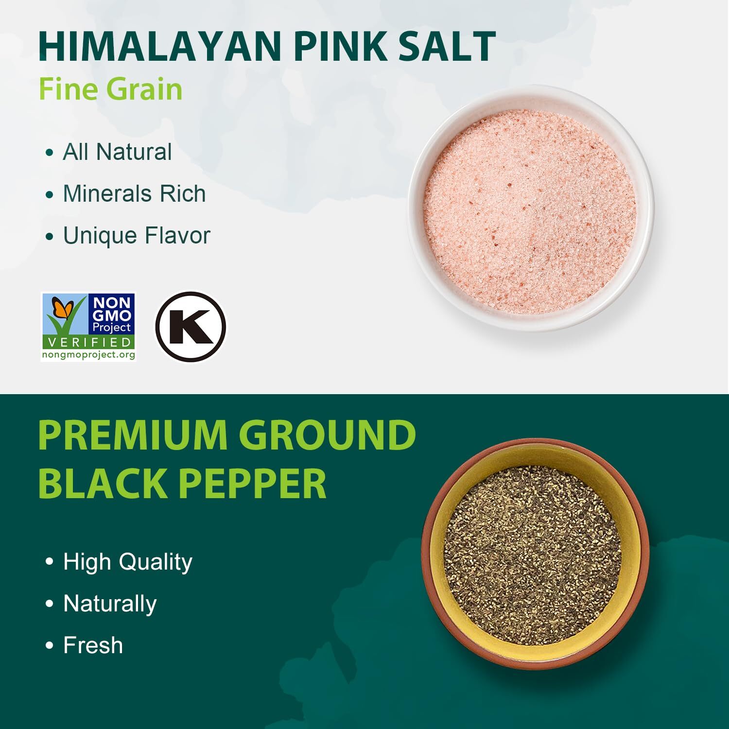 Himalayan Pink Salt Fine 39 oz+Ground Black Peppercorns 18 oz for Grinder Refill