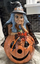 Halloween Witch And Pumpkin Ceramic Jack O Lantern Vintage 1990