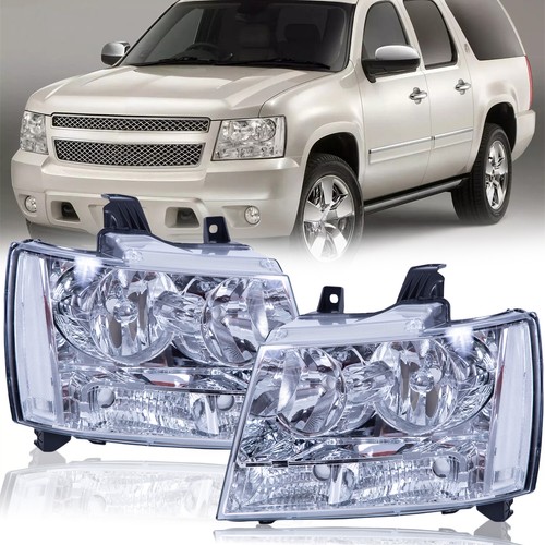 DNA Motoring HL LED CSA07 CH CL1 For 2007 to 2014 Chevy Tahoe Suburban Avalanche LED DRL+Turn Signal Projector Headlight Lamps Chrome Housing Clear Corner 08 09 10 11 12 13