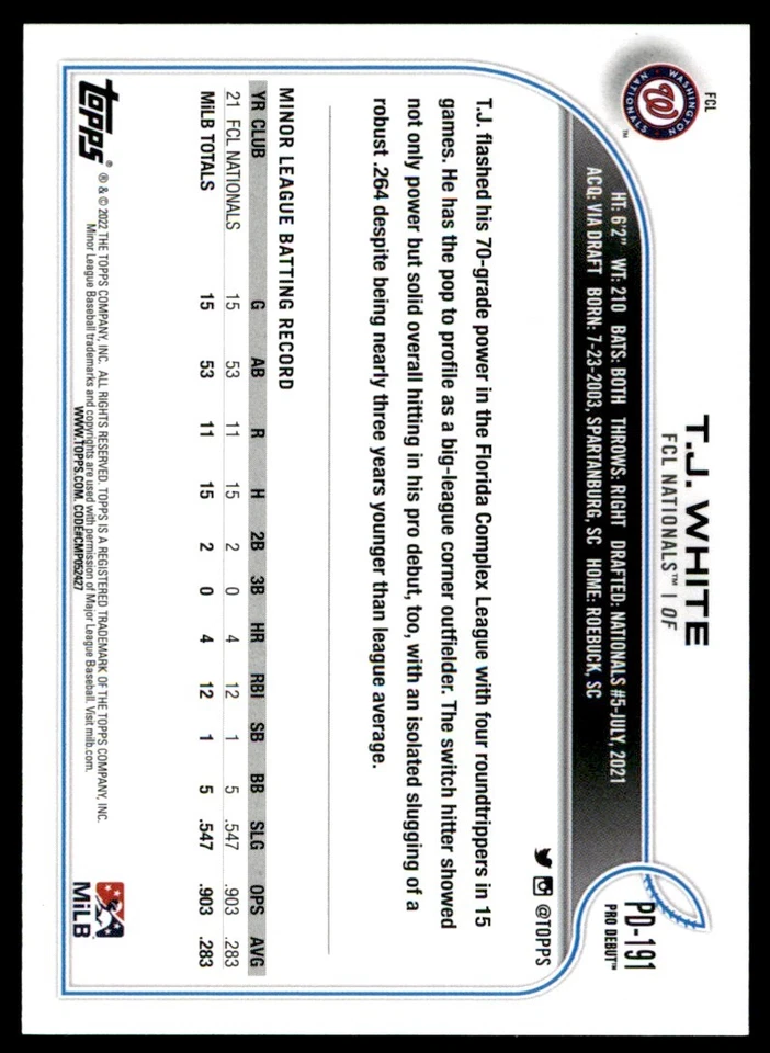 2022 Topps Pro Debut T.J. White FCL Nationals #PD-191 - Image 2 of 2
