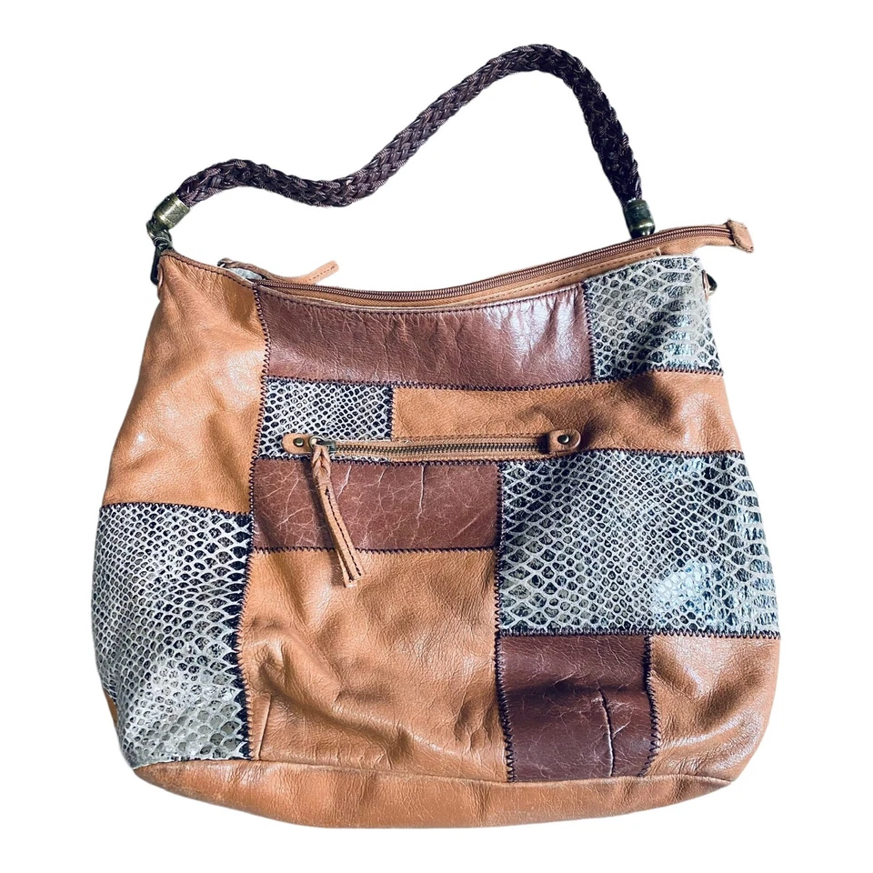 The Sak Patchwork Indio Shoulder Bag Hand Braided Strap Brown Hobo Slouch Purse - Image 3 of 4