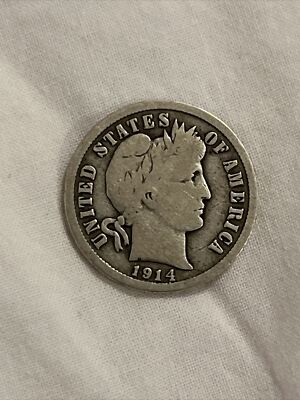1914-D  NICE ''BETTER DATE'' BARBER 90% SILVER DIME LOW MINTAGE 11,908,000! B07