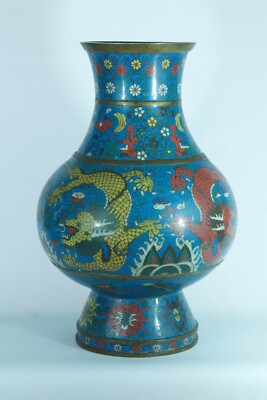 Antique Large Hu Ming Vase Chinese Enamel Dragons Pearls Cloisonné Lotus Rare