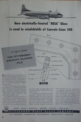 11/1953 PUB PITTSBURGH PLATTE GLAS CONVAIR LINER 340 NESA GLAS WINDSCHUTZSCHEIBE ANZEIGE