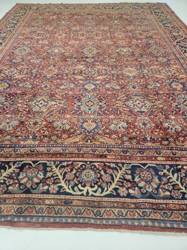 Antique Oriental Hand-Knotted Wool Area Rug Red/Navy Blue/Ivory/Blue 12' x 16'