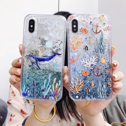 For Various Phone Cartoon Animal Dolphin Cat Liquid Bling Quicksand Case Cover