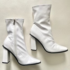 RAID White Patent Sock Boots Square Toe High Heel UK 9 New in Box