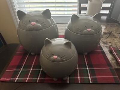 Set Of 3 BRT Ceramics Gray FAT CAT Canisters 8  Max,  7  COCO & 5.75  MARU Jars