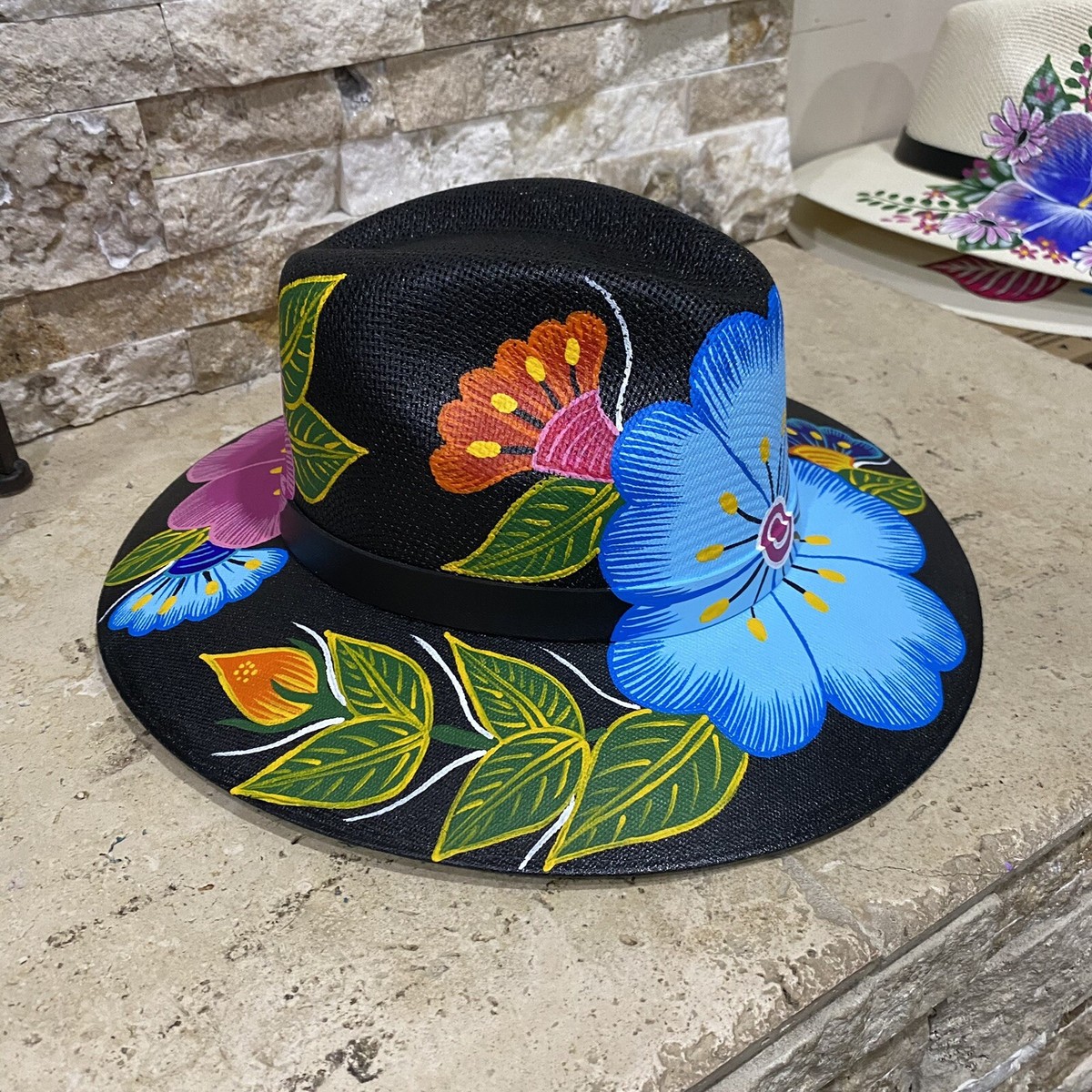 HAT MEXICAN Artisanal Hand Painted Fedora Sunflower Sombrero Panama Bohon Black Hand-painted Floral Mexican Sombrero, Jute Sun Hat - Etsy main image 3