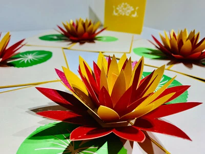 ORIGAMI POP CARDS Lotus Gold & Red 3D Pop Up Greeting Card Happy Birthday Love