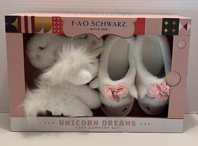 FAO Schwarz Unicorn Dreams Cozy Comfort Set - Plush, Slippers, Eye Mask - New