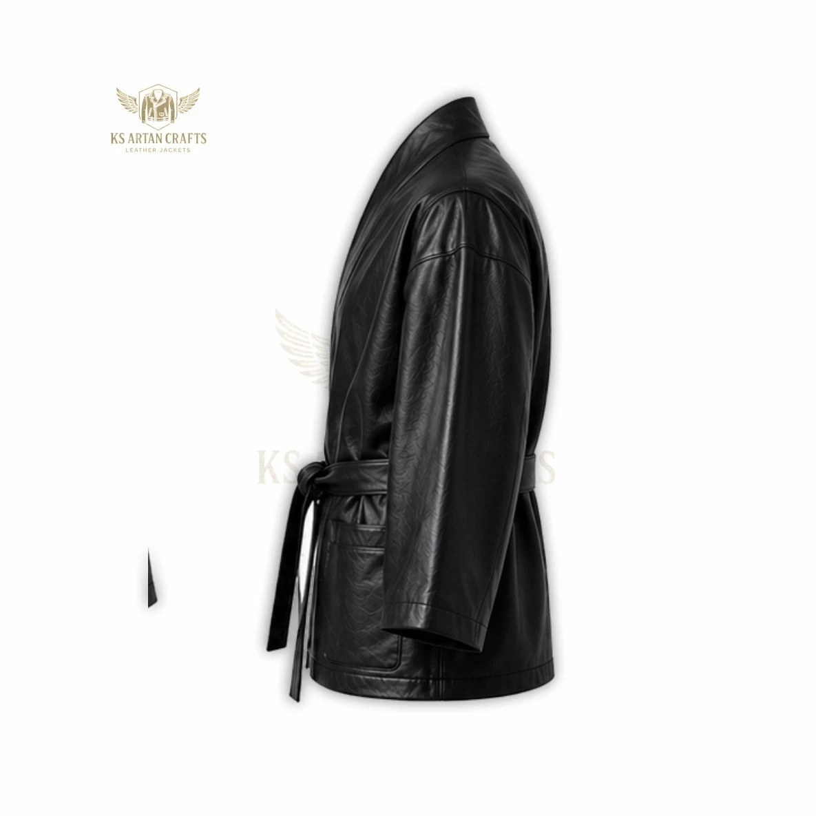 Leather Kimono Jacket Belted Wrap Coat Robe Style Jacket Long Sleeve Outerwear - product detail image 5