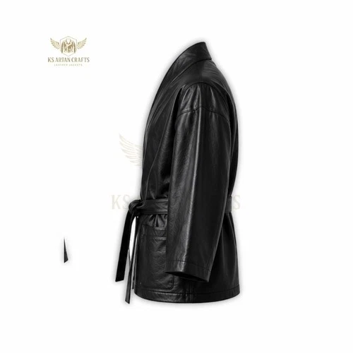 Leather Kimono Jacket Belted Wrap Coat Robe Style Jacket Long Sleeve Outerwear image 5