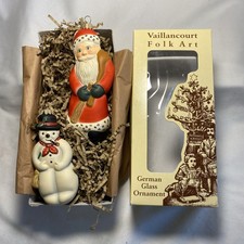 Vaillancourt Folk Art Snowman & Santa German Glass Ornament ~ 2003 In Box