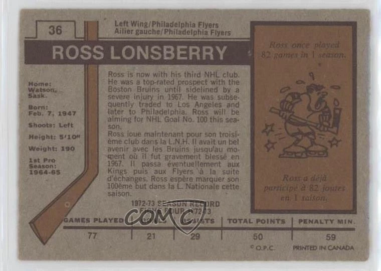 1973-74 O-Pee-Chee Dark Back Ross Lonsberry #36 - Image 2 of 2