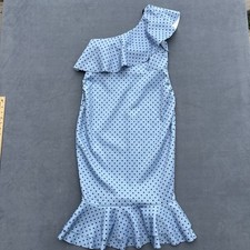 ASOS Blue w Black Polka Dot Asymmetrical Shoulder Midi Bodycon Dress Ruffle Sz 8