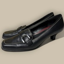 Vtg Chunky Heels Black Leather Y2K Square Toe Loafers Academia Preppy Retro Sz 7
