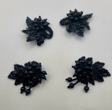 2 Pairs Vtg Black Beaded Shoe Clips Glass Acrylic Bead Sequins Silvertone Clips