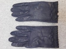 Vintage Womens Navy Blue Leather Gloves Small Embroidered Cuff Elegant Dress 80s