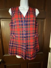 VTG 70s Pendleton Womens 14 Red Navy plaid Virgin Wool Button Vest Preppy