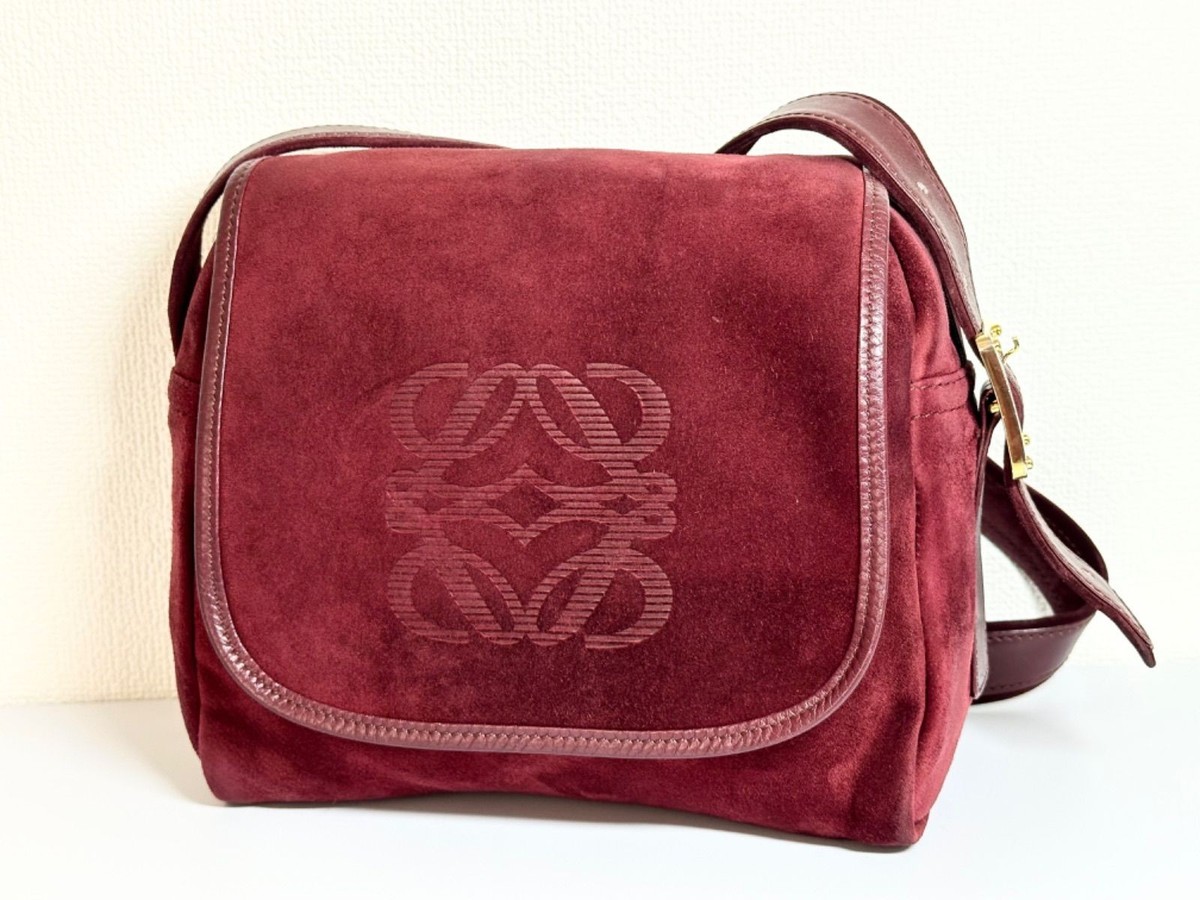 LOEVE Suede Leather Anagram Flap Shoulder Bag Bordeaux Handbag 23