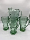 Vintage Coca-Cola Heavy Green Pebble Serving Pitcher & 3 Piece Indiana Glass Set