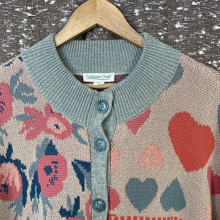 Cárdigan Suéter Largo Floral Coldwater Creek Patchwork Corazones Para Mujer 2X Foto 4 de 4