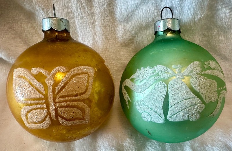 2 Lg Vintage Shiny Brite Christmas Ornaments Butterfy Bells MADE in USA Caps