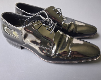 BOSS Oxford Black Patent Leather Lace-Up Men's Dress Shoes US 7 Made In Italy