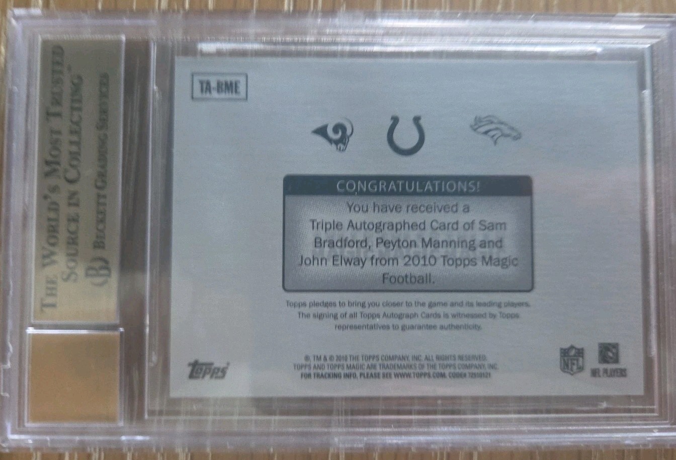 2010 Topps Magic Triple Autographs 2/25 Bradford, Manning, Elway BGS 9.5/10 view 2