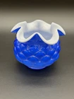 Vintage Fenton Jacqueline Pattern Cobalt Blue With White Ruffled Edge Vase Bowl