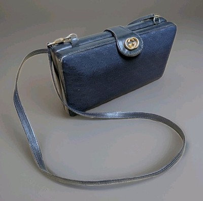 Vintage Gucci 1950/60s Navy Micro GG Canvas Crossbody Hard Bag Gold Knight Crest