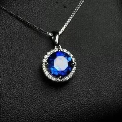2Ct Round Lab-Created Blue Sapphire Halo Women's Pendant 14K White Gold Plated