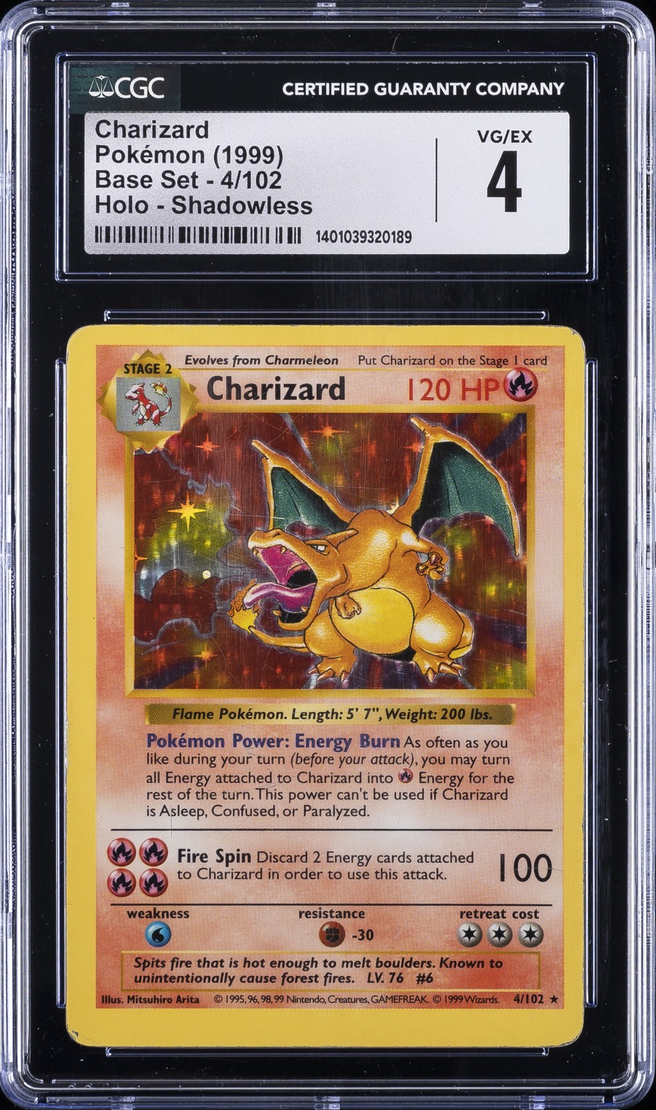 1999 BASE SET SHADOWLESS CHARIZARD CGC 4
