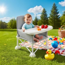 Portable Baby Travel Booster Seat High Chair Folding Camping W/ Tray Light Grey