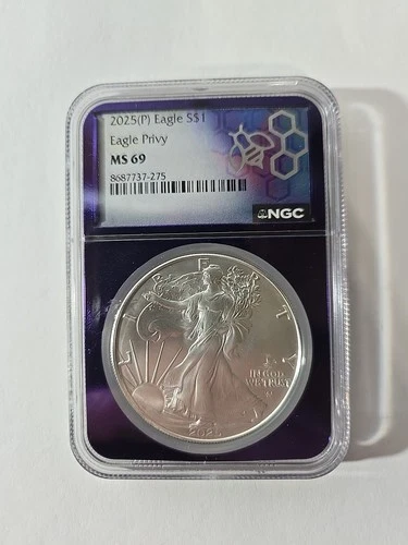 2025 P American Silver Eagle Eagle Privy NGC MS69 In Trader Bea Purple Core