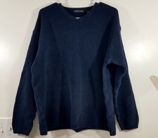 Structure Mens Medium Navy Blue V-Neck Sweater Cotton Blend Textured