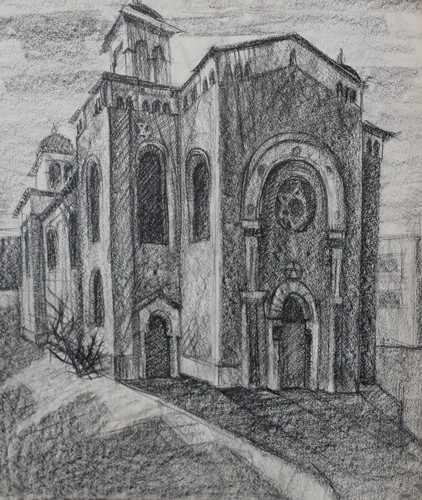 Vintage original charcoal drawing landscape with church - Picture 2 of 14