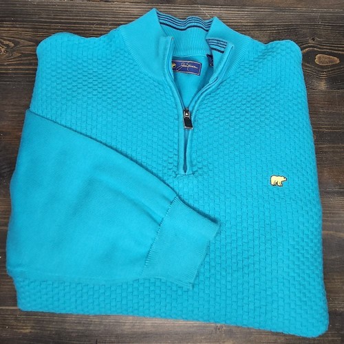 Jack Nicklaus Men's Sweater 1/4 Zip Size XL Turquoise Cotton Gold Bear Golf - Picture 6 of 11