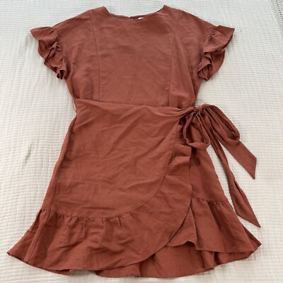 ASTR The Label Dress Womens Medium Coral Linen Ruffle Wrap Boho Cottage  Western