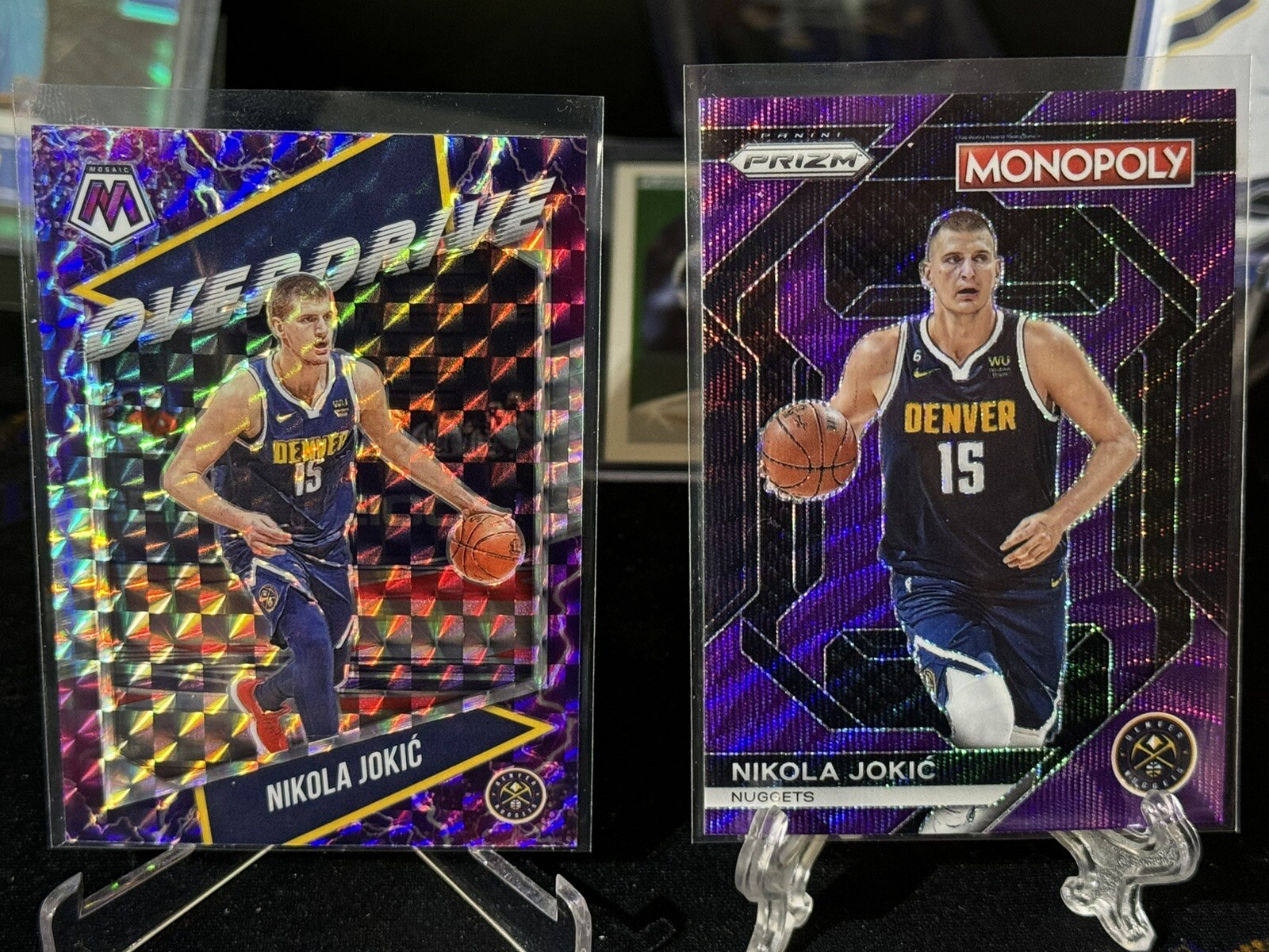 Nikola Jokic 2020 Mosaic Overdrive Purple SP + 2023 Monopoly Purple Wave Denver