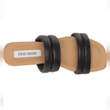 New Steve Madden Womens Wizen Black Leather Straps Sandal brown sole Slip On 8